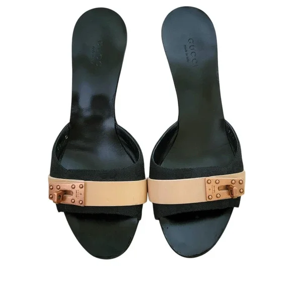 Gucci Black Beige Patent Leather GG Logo Turnlock Mule Slides 37 US 7 - Picture 16 of 17